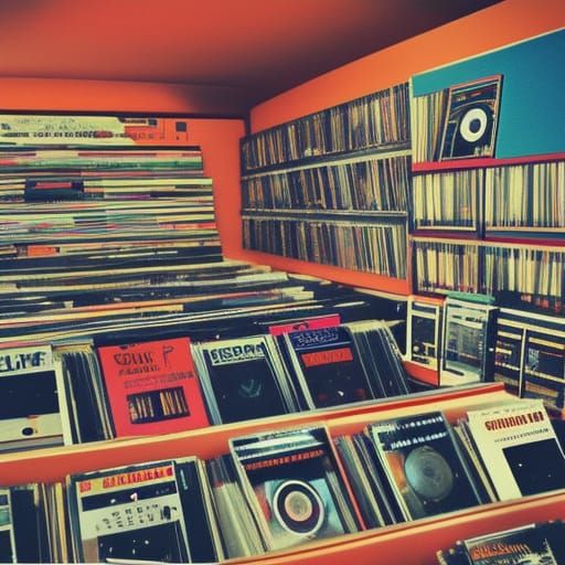 Vibrant 1980s Record Shop in Retro Style