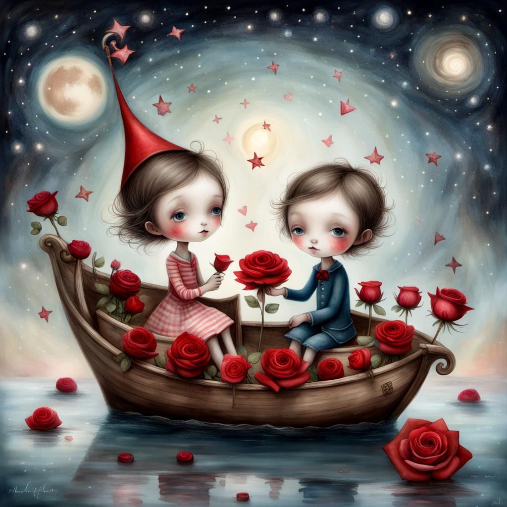 Sweethearts in Whimsical Boat: Magical Illustration