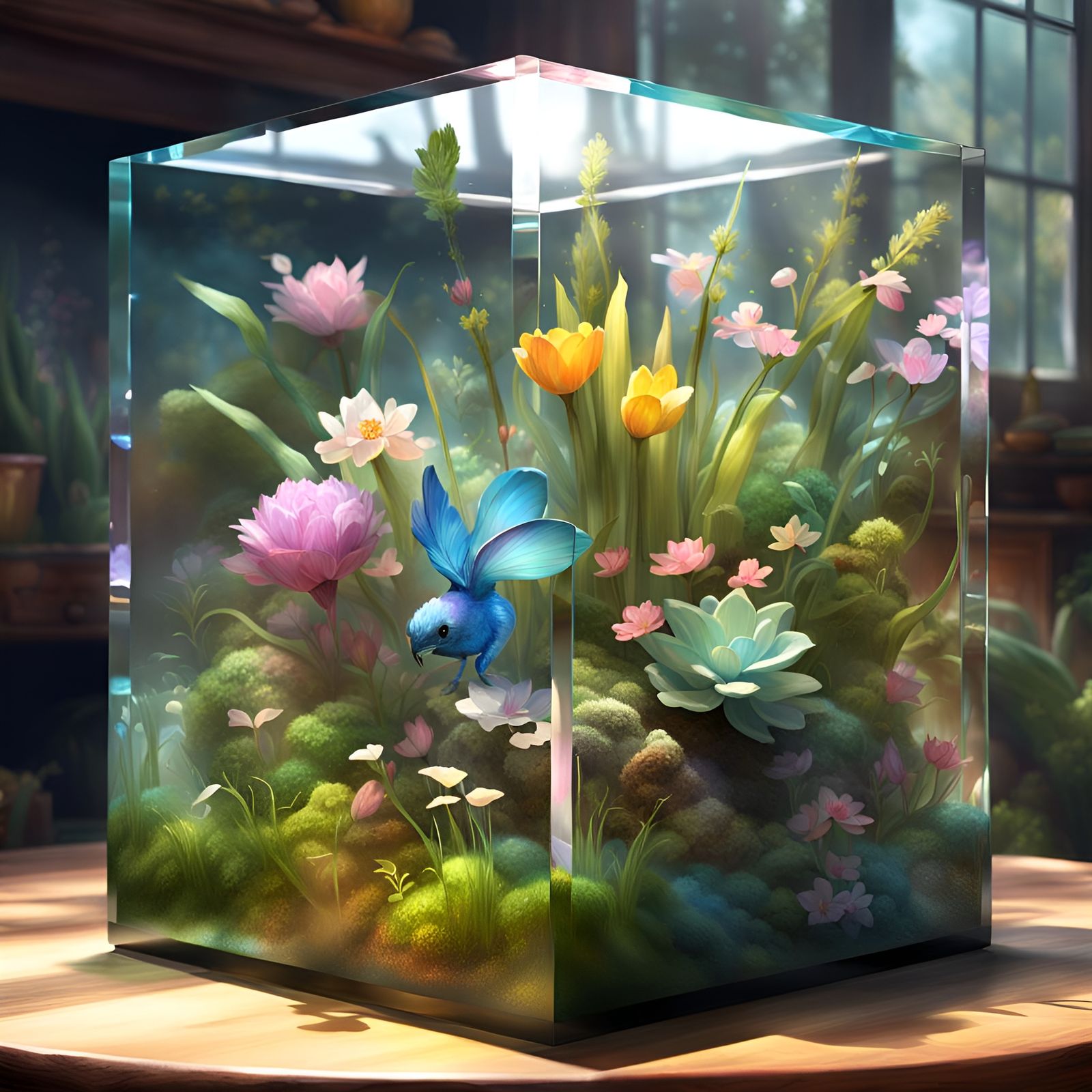 Spring Terrarium in Crystal Cube: Digital Acrylic Painting