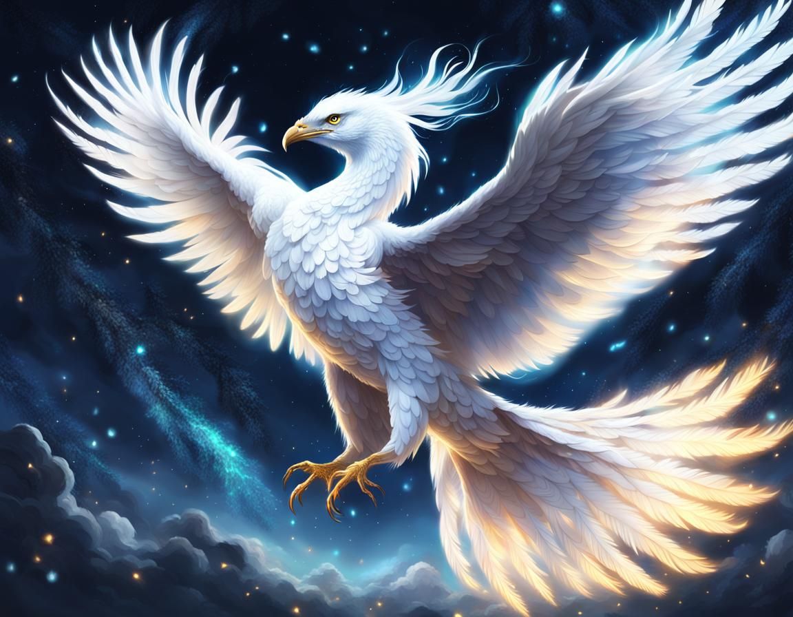 Ethereal White Phoenix Soaring in Starlight: Digital Paintin...