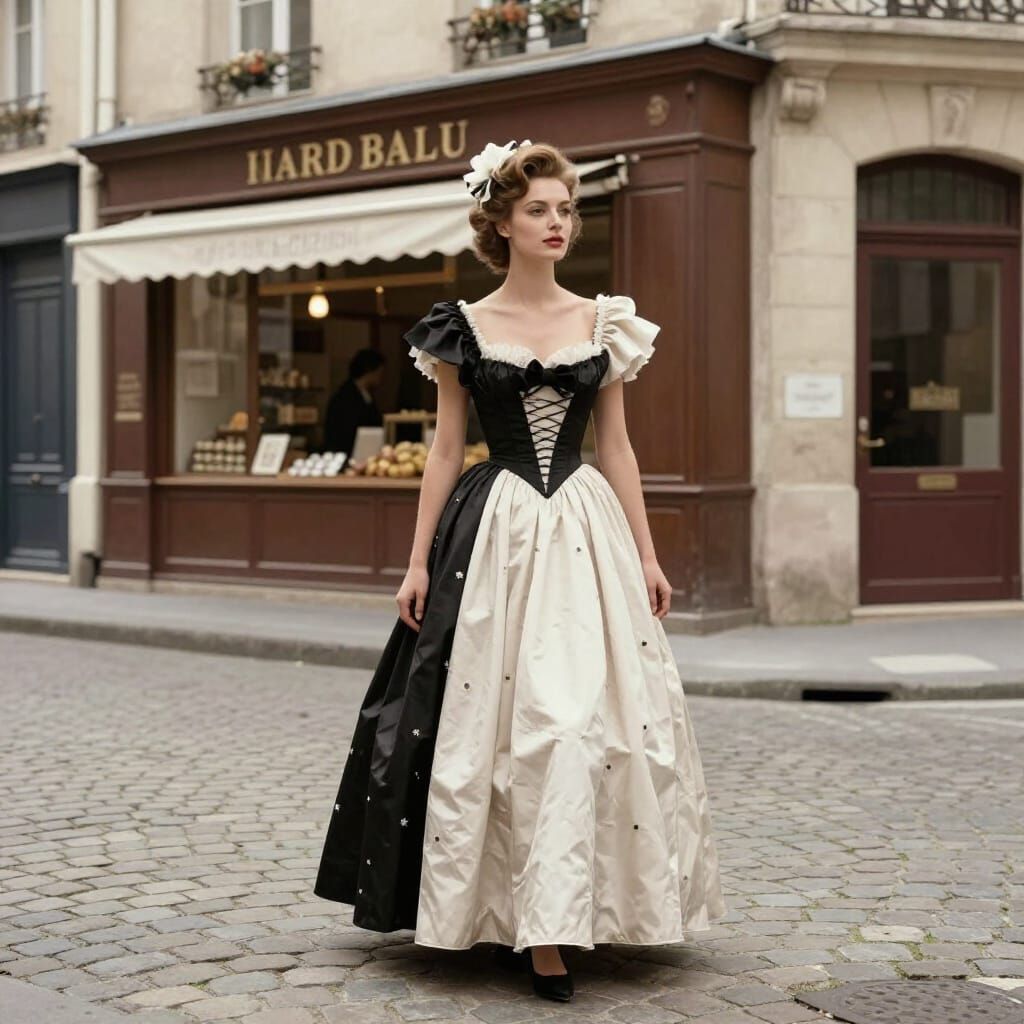 Supermodel in Haute Couture on Vintage Parisian Street
