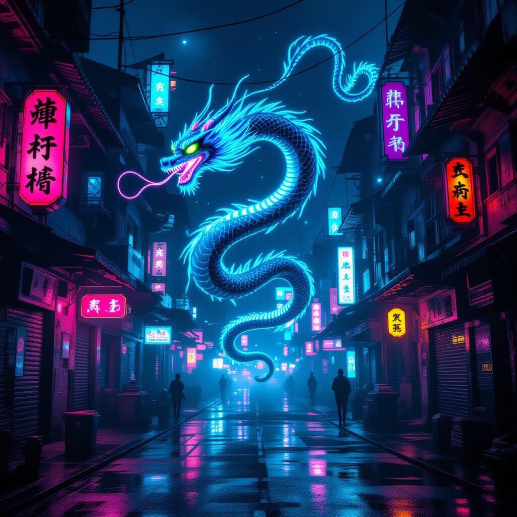Fluorescent Dragon Soars Through Cyberpunk City at Night