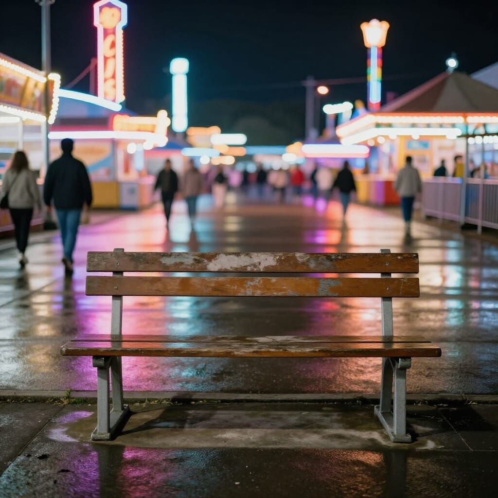 Minimalist Fairground Bench at Night, Eggleston Style