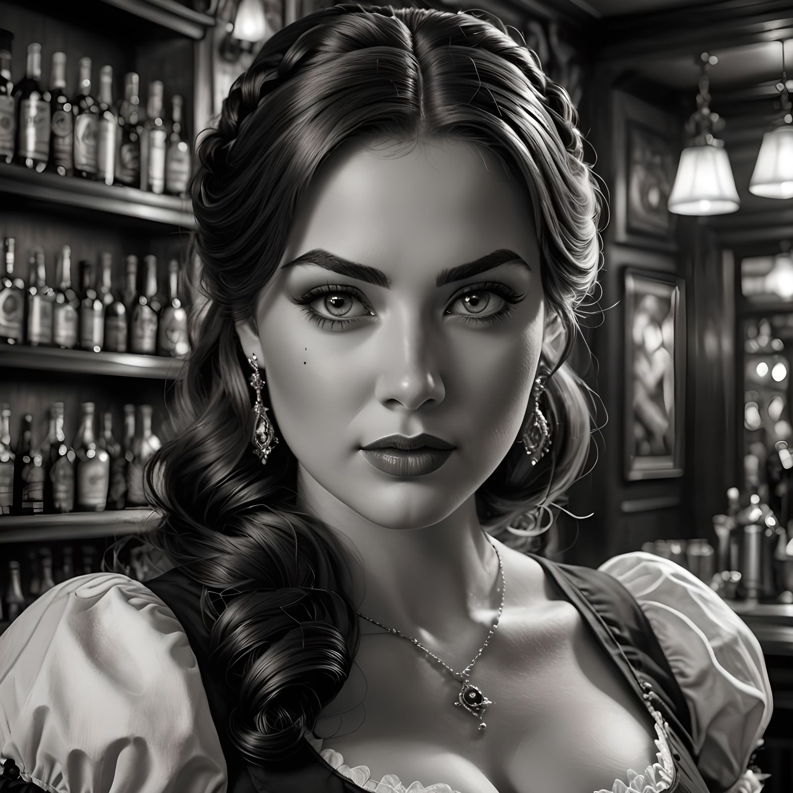 Detailed Vintage Portrait of Curvy Saloon Barmaid