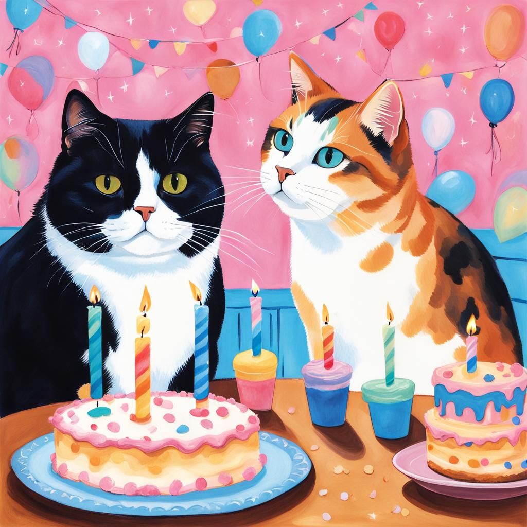 Calico Cat Birthday Party With Black and White Cat