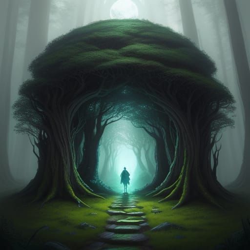 Moonlit Forest Portal Beckons Adventurers in Dreamy Matte Pa...