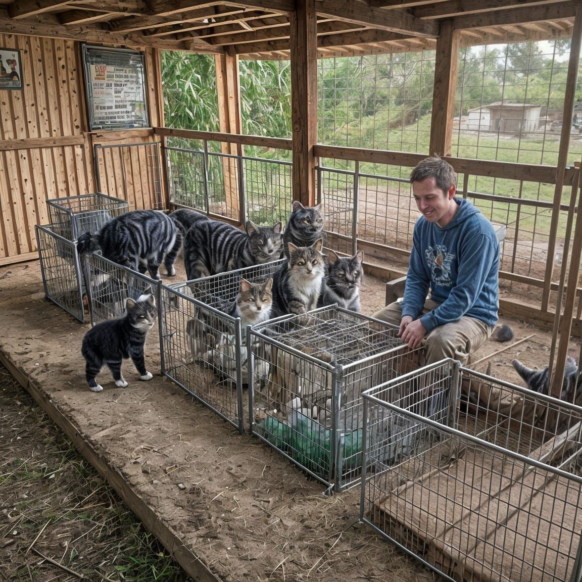 Chris Among Whimsical Felines in Joyful Sanctuary