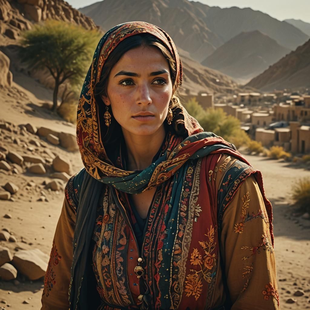 Afghan Woman in Embroidered Dress, Cinematic Style