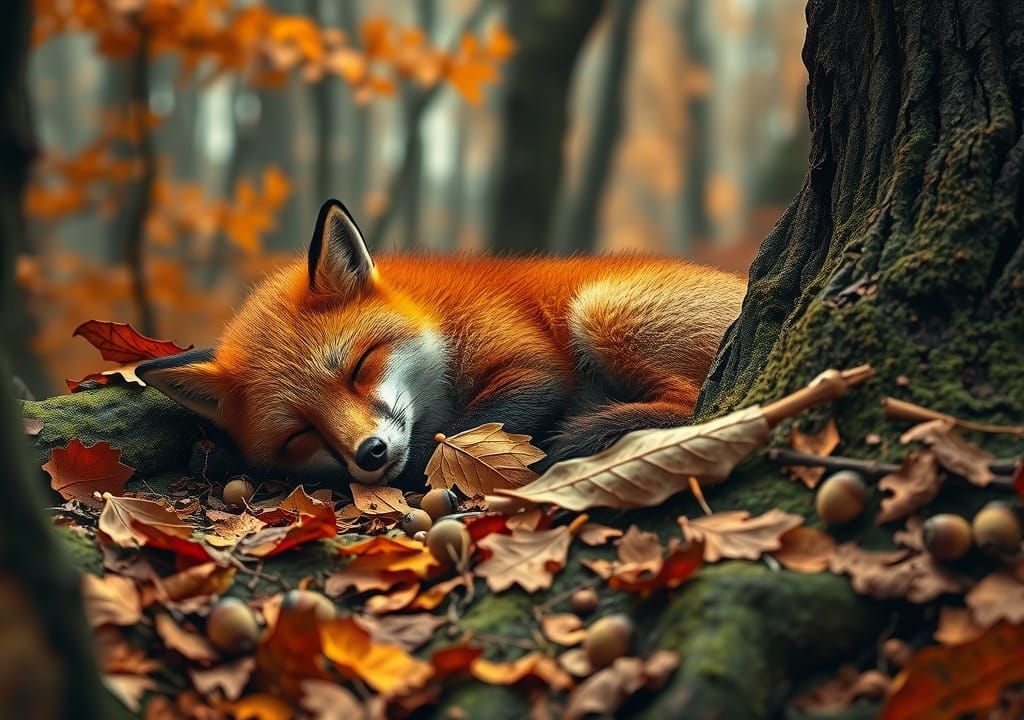Red Fox Asleep in Autumn Forest, Hyperrealistic HDR