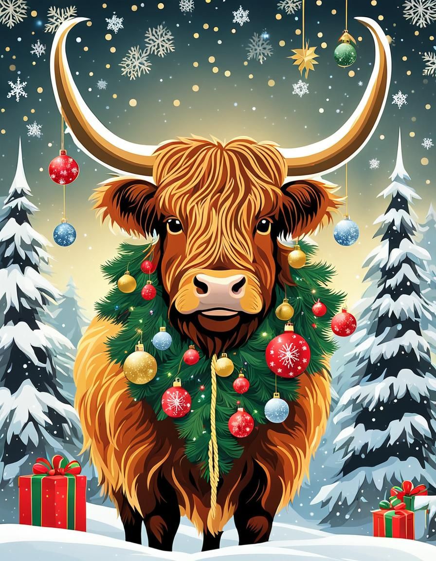 Festive Highland Cow in Folk Art Style