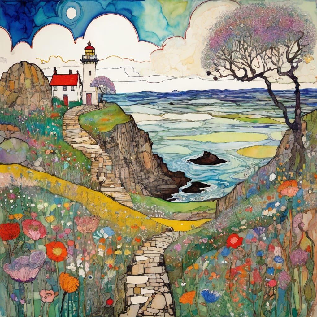 Whimsical Lighthouse Illustration in Folk Art Style