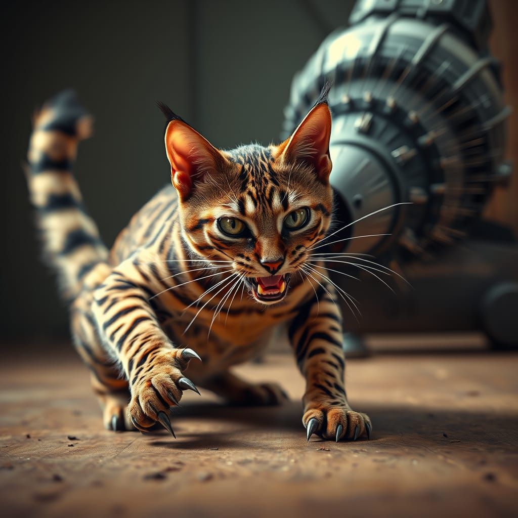 Fierce Bengal Cat Confronts Looming Vacuum Cleaner