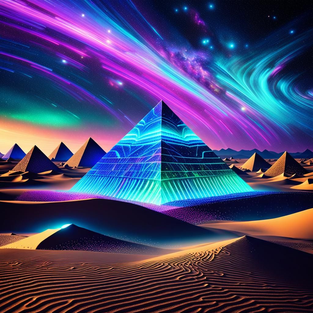 Glowing Light Pyramids in Dark Desert: Astral Cosmic Art