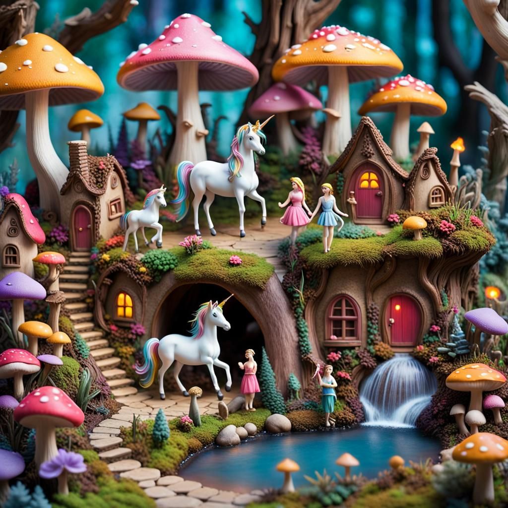 A whimsical scene featuring toy figures in an enchanting miniature world filled with fantastical elements