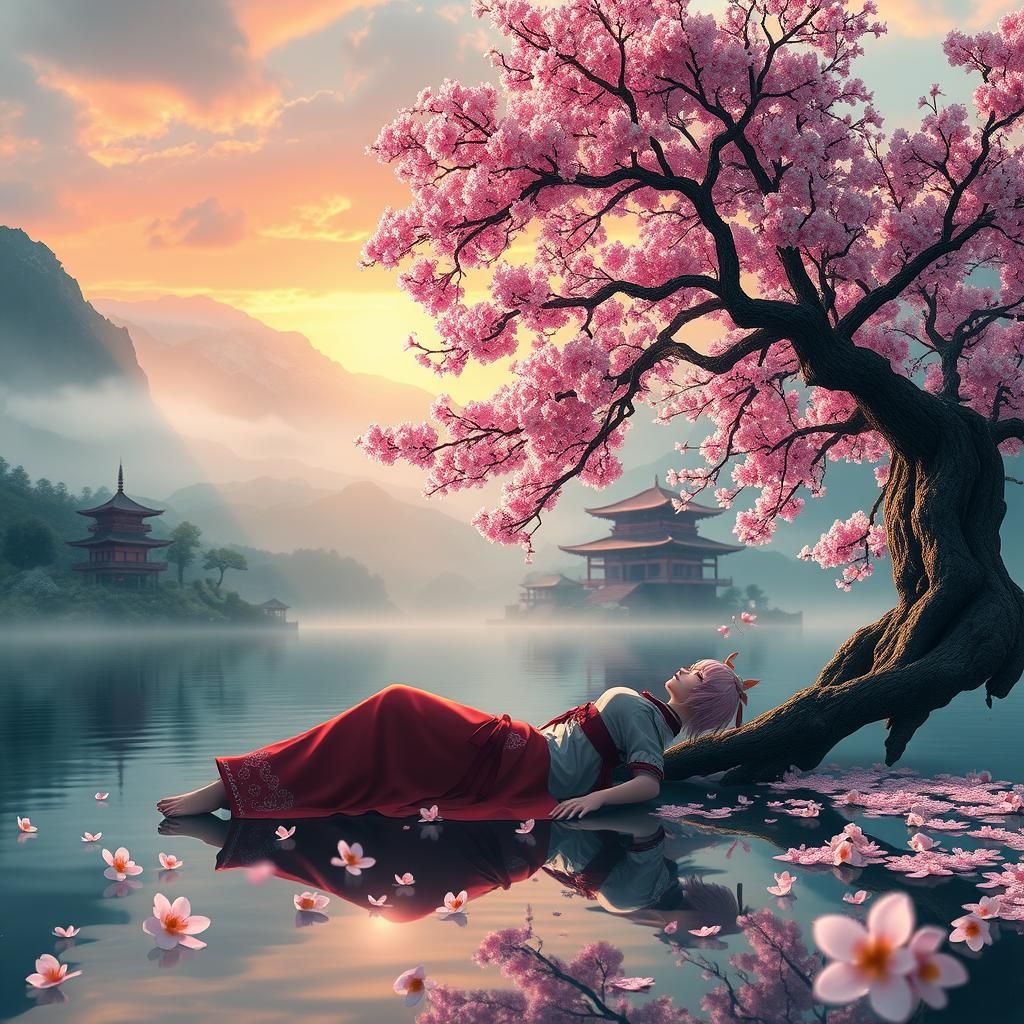 A beautiful ancient sakura tree in front of a lake. Mountains and Japanese temples in the background. As a pink hair fem...