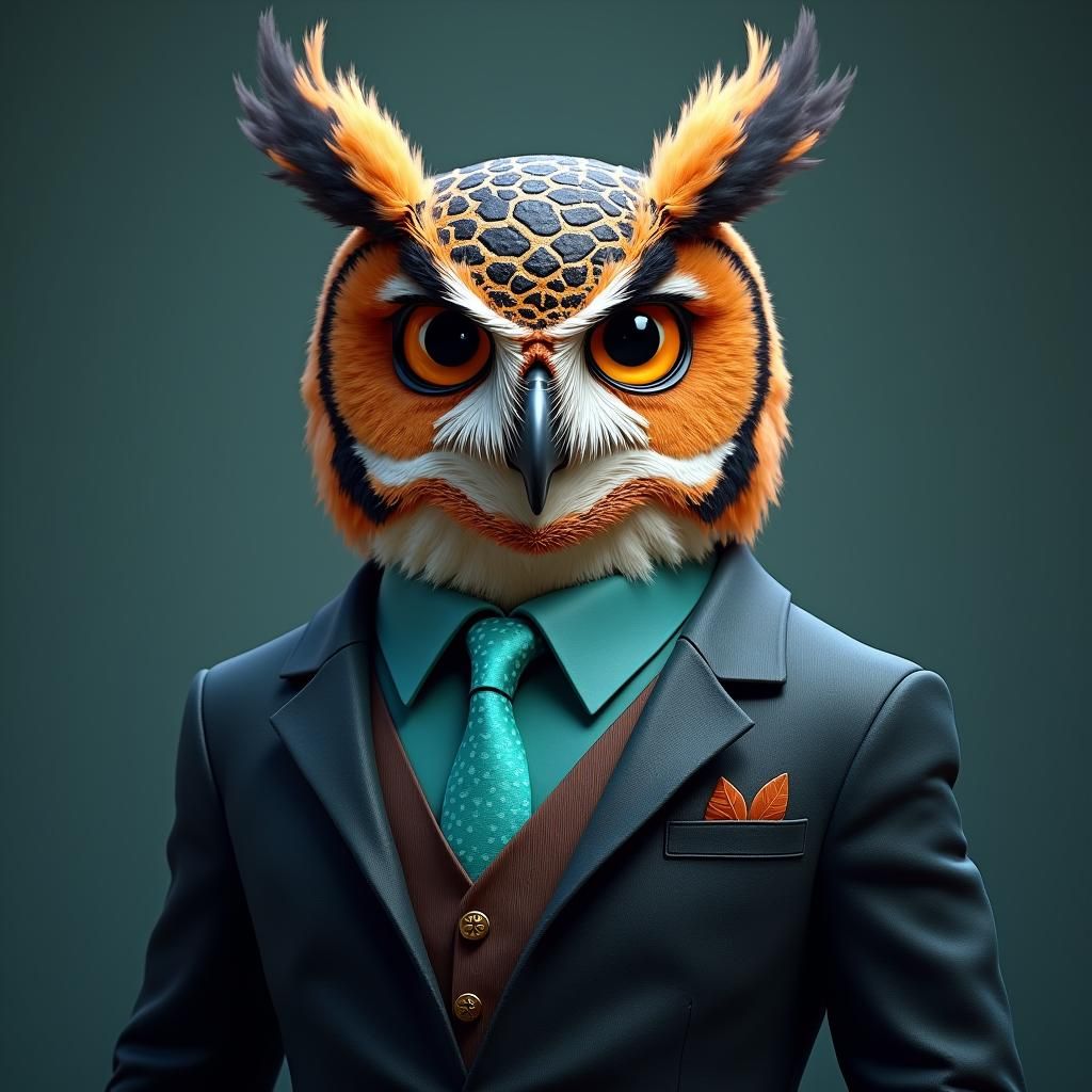 Owl in Suit with Turquoise Tie, Detailed Art