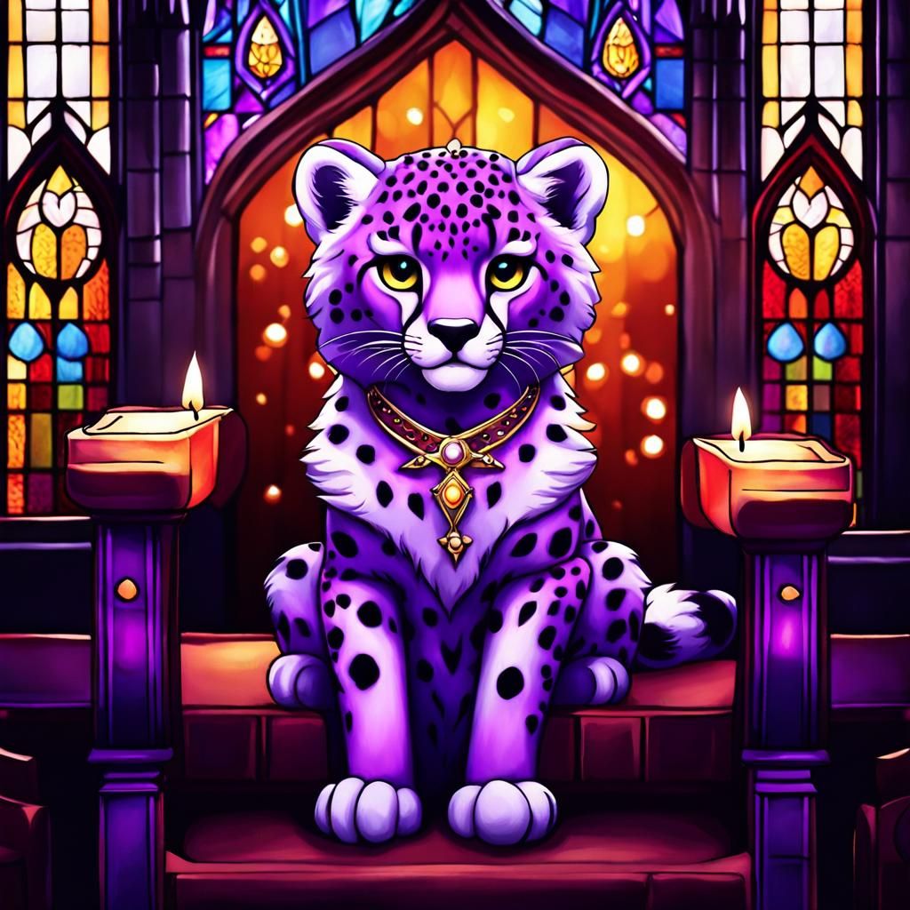 cute portrait,((a big violet chibi cheetah sitting in a chai...