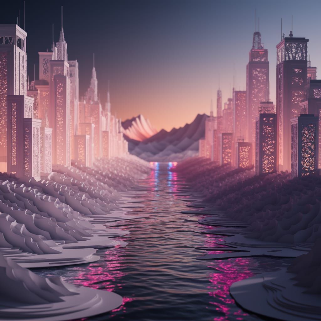 Futuristic Paper City at Night in Cyberpunk Style