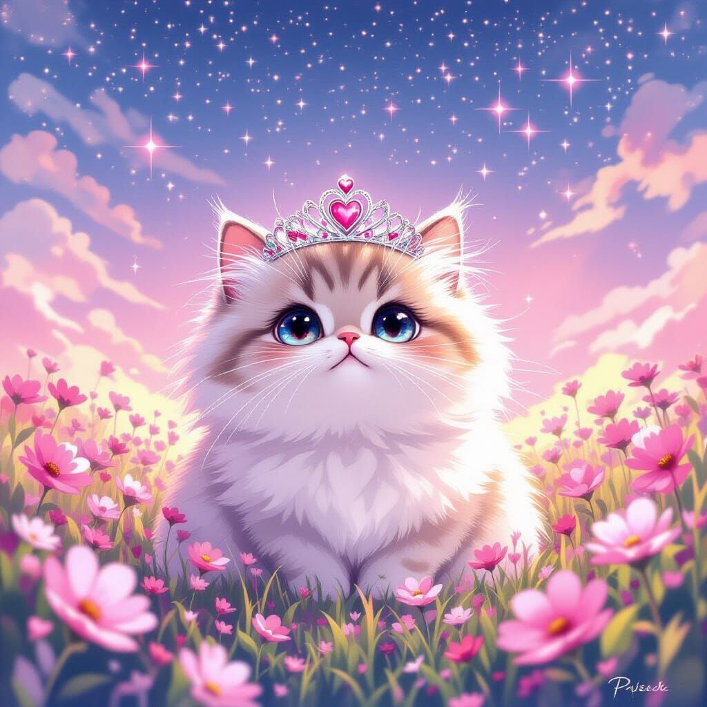 Pusheen with Tiara in Sparkling Pink Flower Field