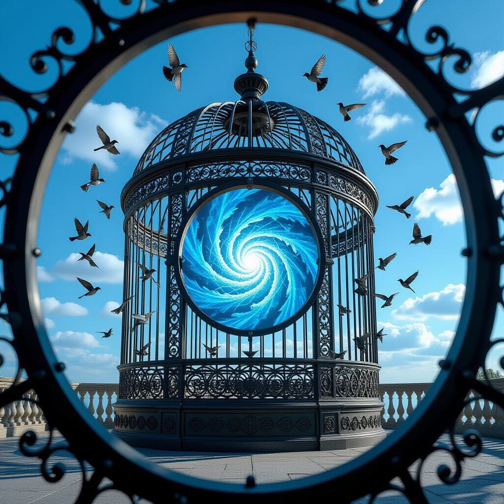 Birds Escape Ornate Cage into Brilliant Blue Sky