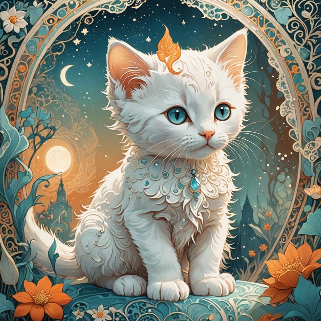 Kitten in Moonlight: Fantasy Art Illustration
