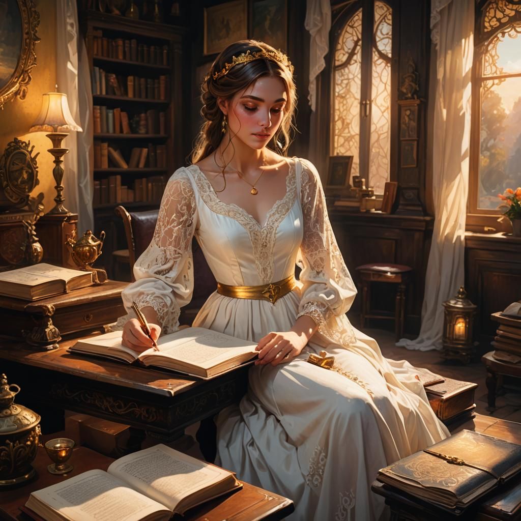 Girl Writing in Ornate Bedroom: Fantasy Concept Art