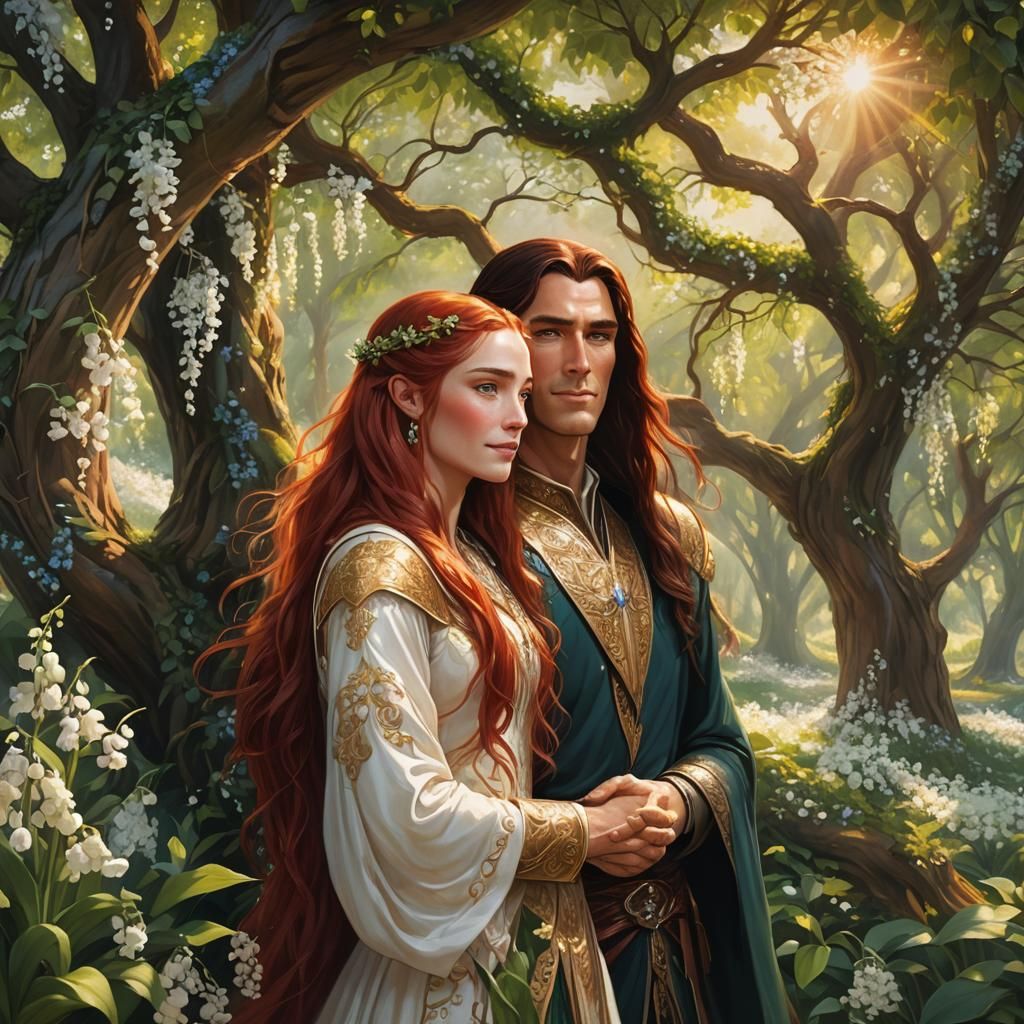 Feanor hugging his daughter who has long red hair and blue e...