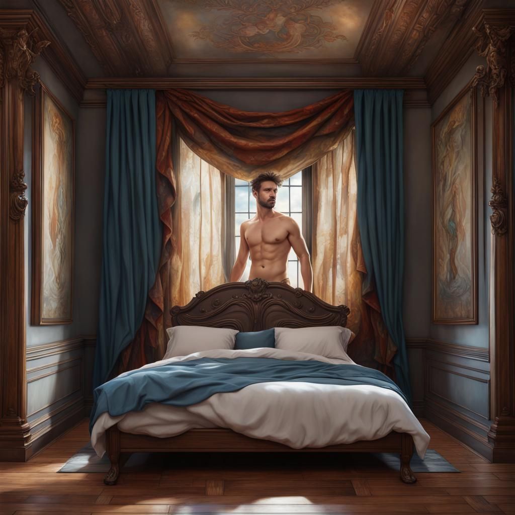 Realistic Oil Painting of Handsome Man by Bed