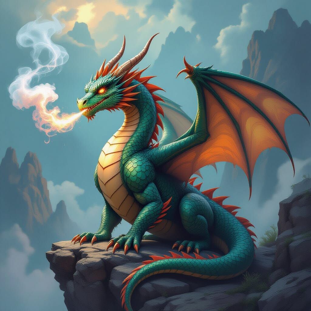 Majestic Dragon Perched on Rock in Fantasy Art Style
