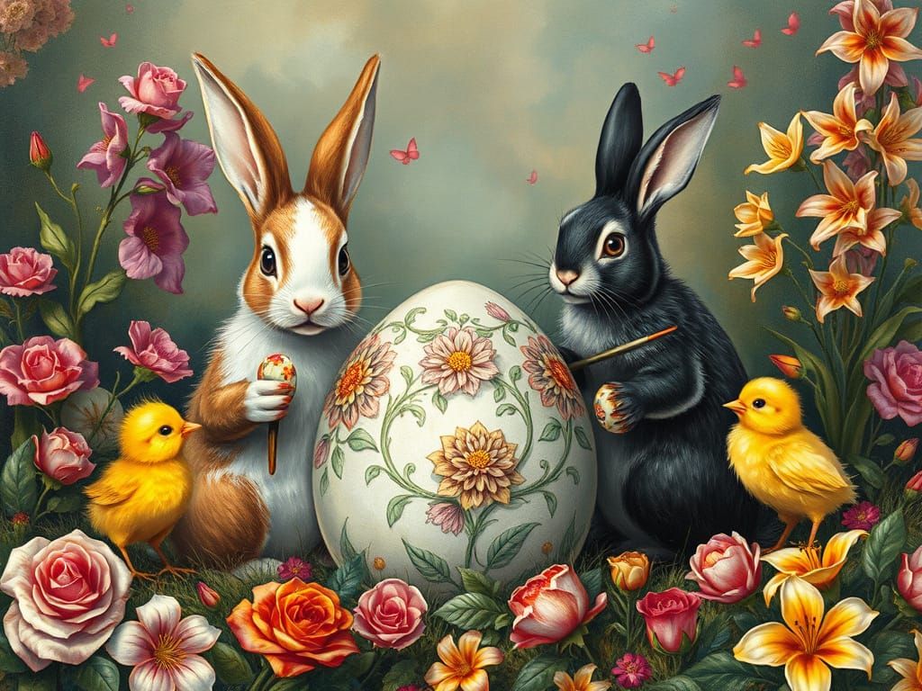 Rabbits and Chicks Painting Easter Eggs, Whimsical Art