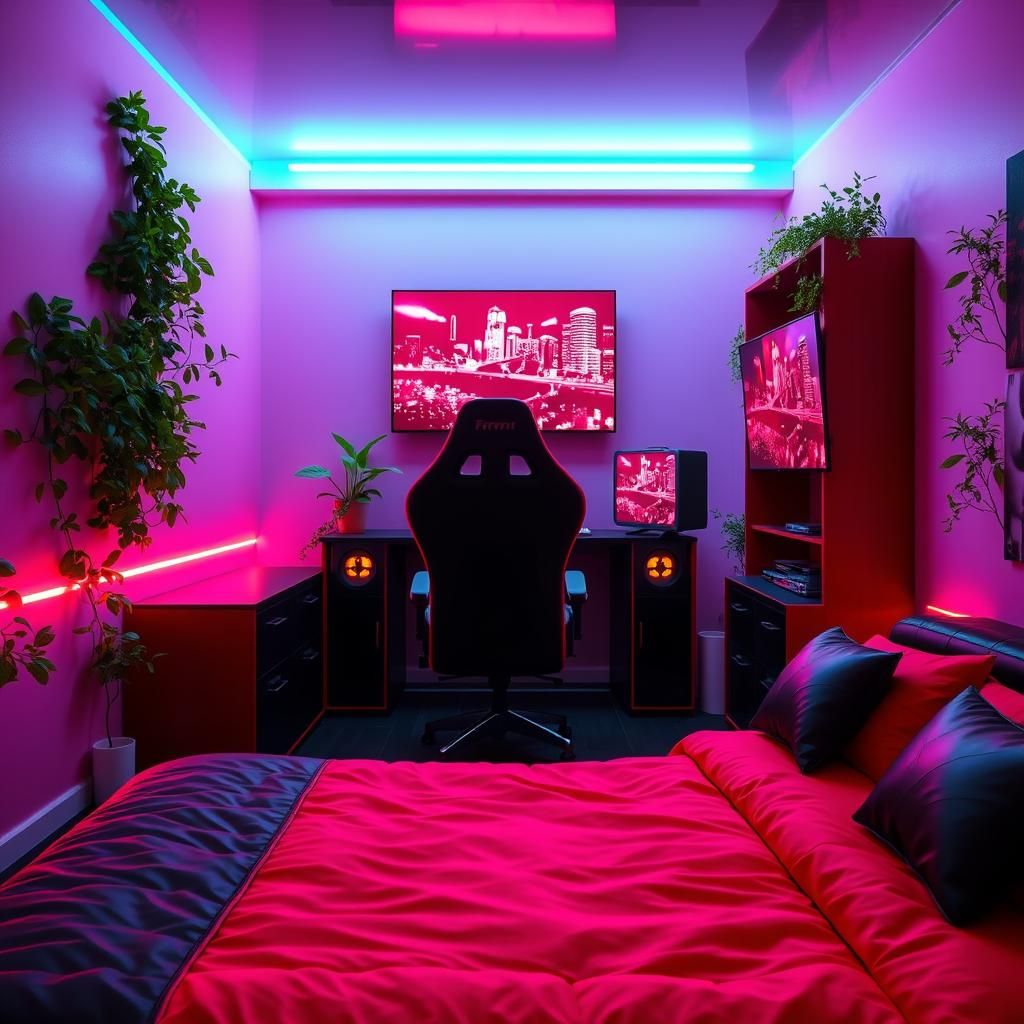 Cyberpunk Gaming Room with Ferrari Bed and Herb Garden