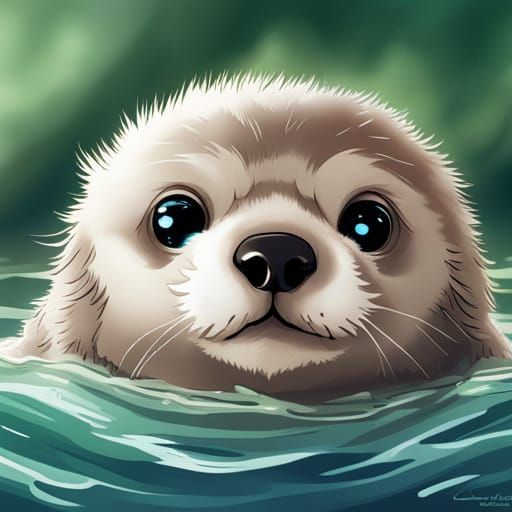 Adorable Baby Sea Otter Portrait in Anime Style