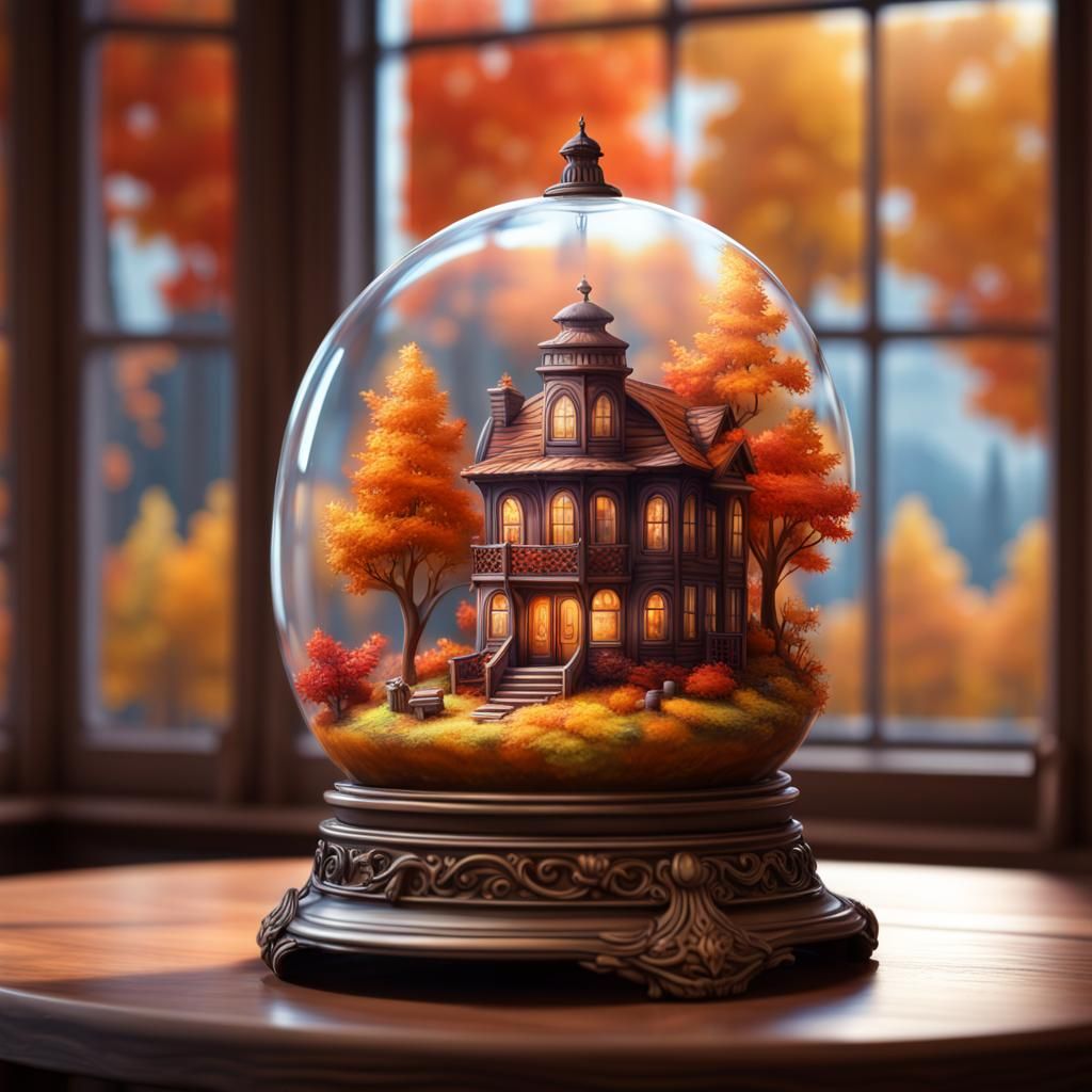 Autumn Landscape with Fox in Ornate Glass Dome