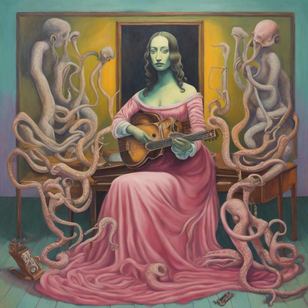 Surreal Mona Lisa Octopus Musician in Pastel Neon