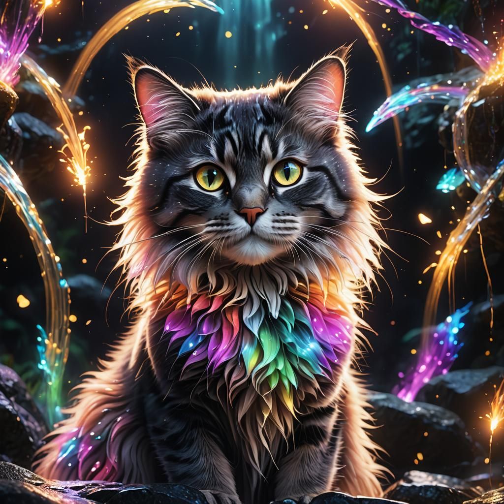 Surreal Magical Cat Beyond the Glowing Waterfall