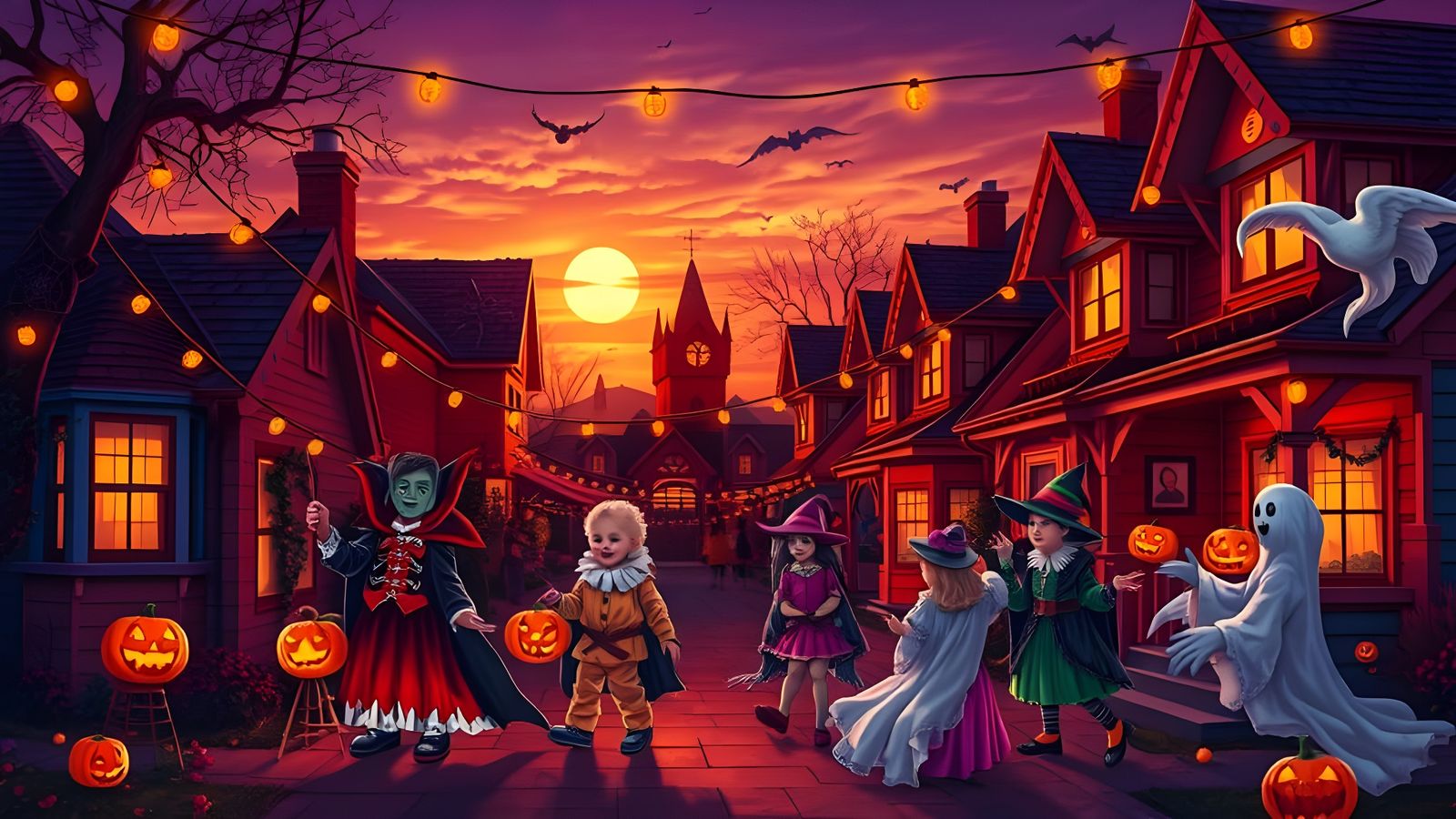 Halloween Night: Trick-or-Treating on a Festive Street