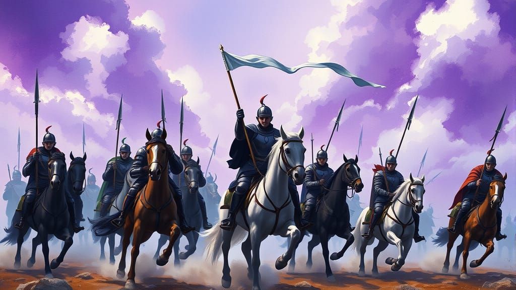 Knights Charge Under Smoky Sky in Watercolor Style