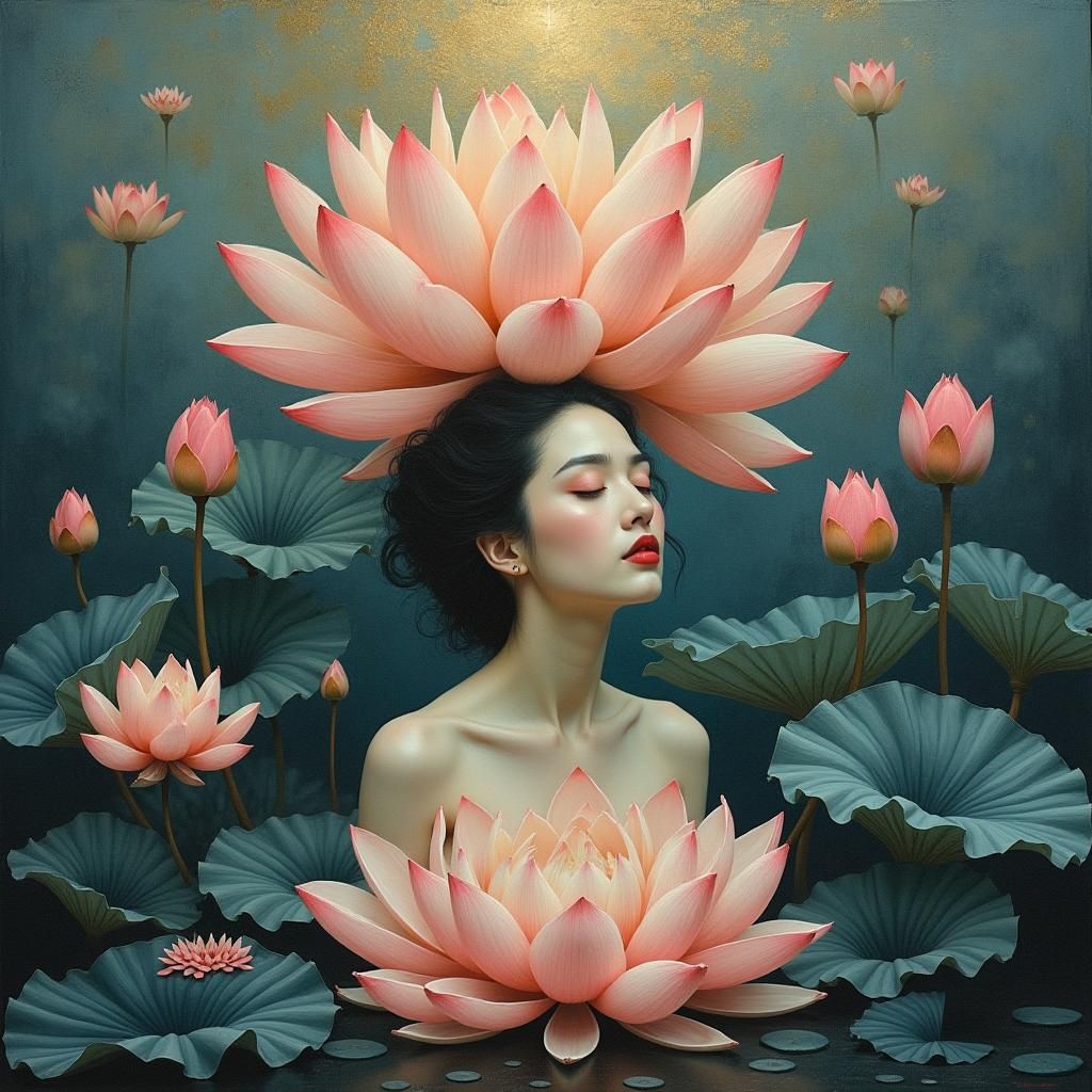 Lotus Woman: Spiritual Transformation in Mystical Art Style