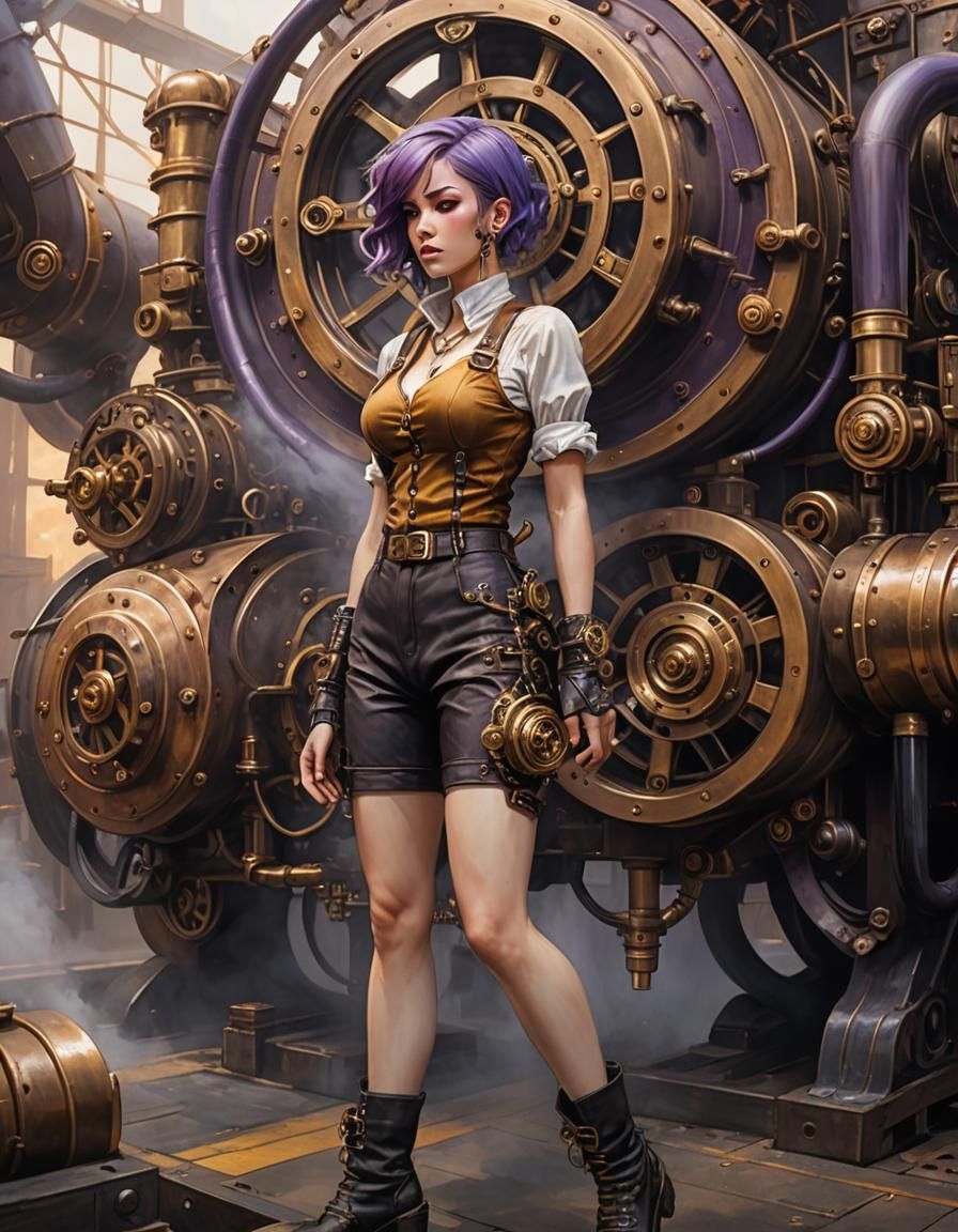 Unholy goddess of flame and terror. Purple hair. Shorts. Crew-cut haircut.