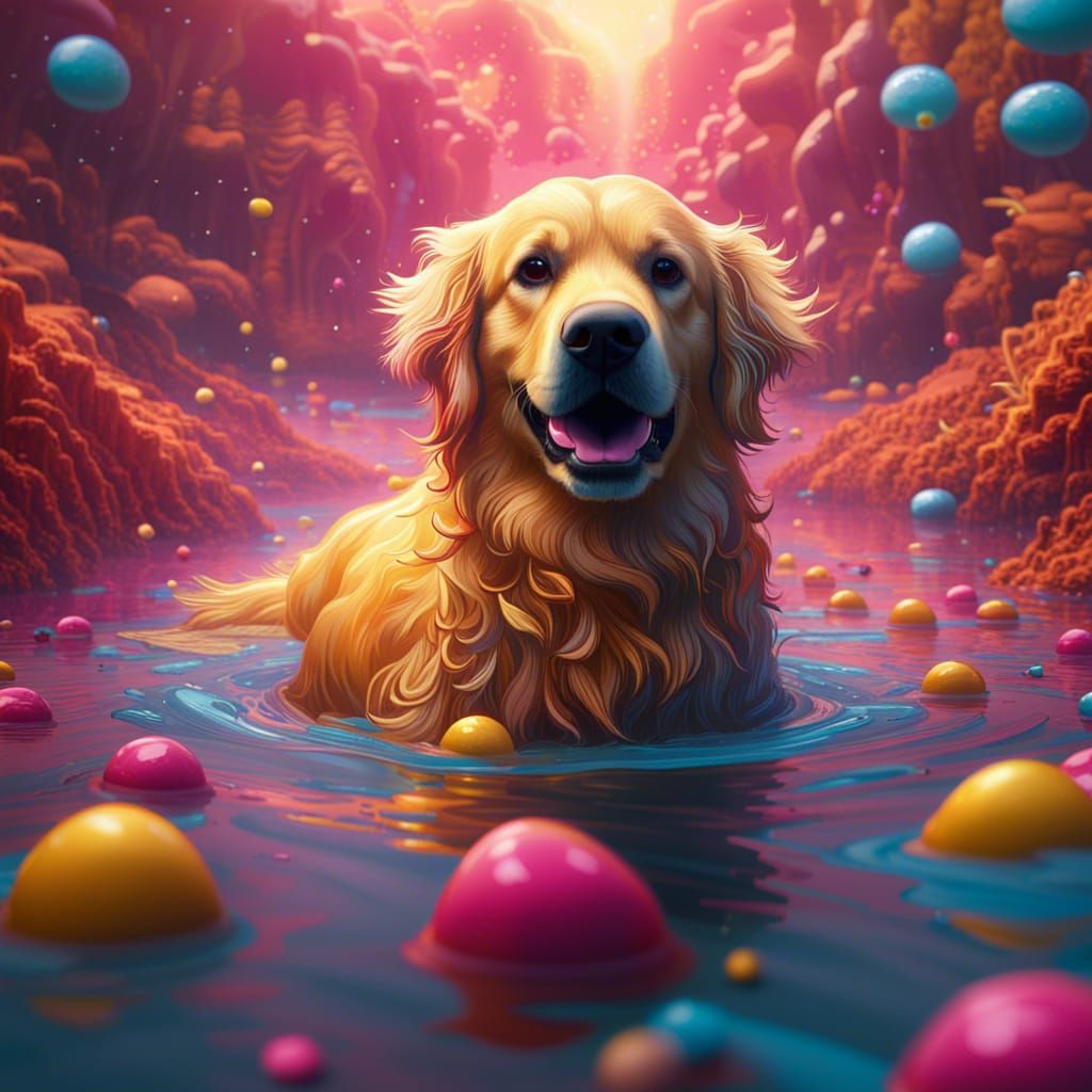 Golden Retriever's Candy River Swim: Digital Art