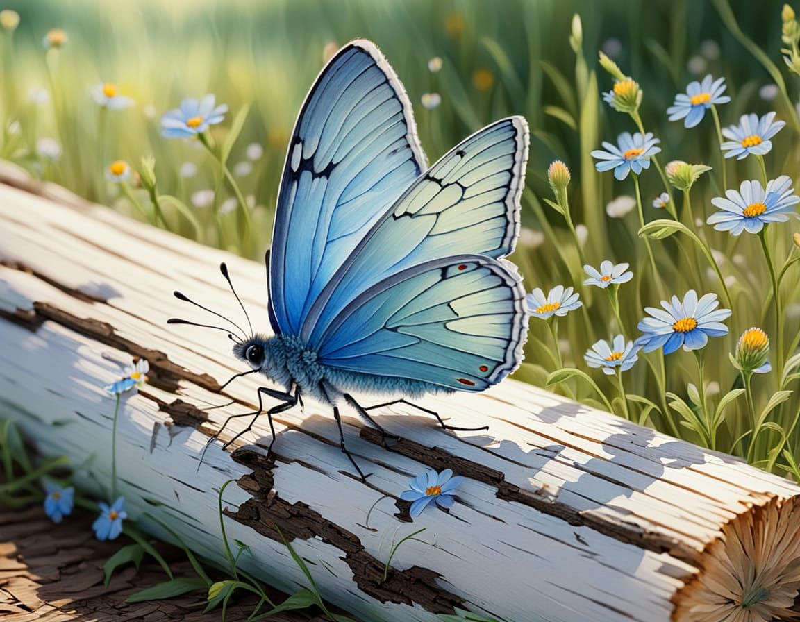 Blue Butterfly on Log: Watercolor Painting