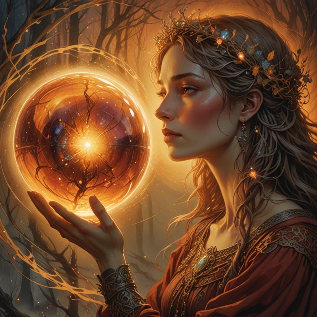 Woman Lost in the Dreamy Glow of an Otherworldly Orb