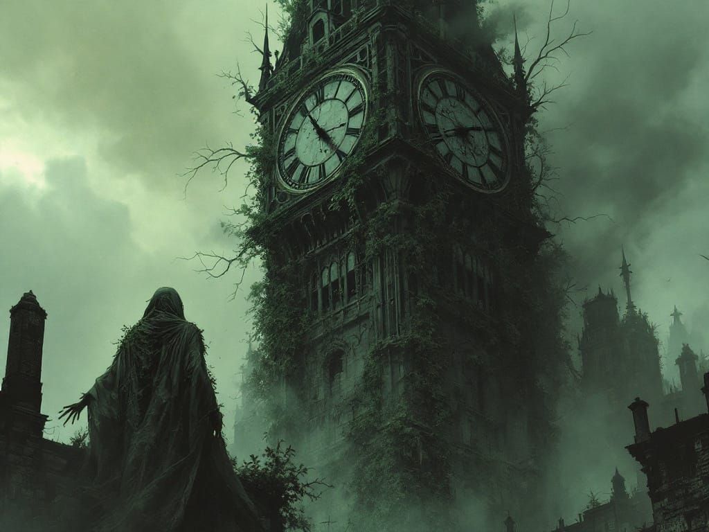 Gothic Clock Tower Over Forgotten City with Spectral Figures
