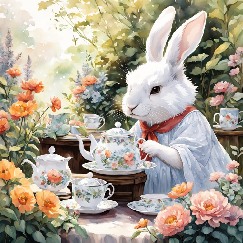 Whimsical Watercolor Bunny Hosts Tea Party in Enchanted Gard...
