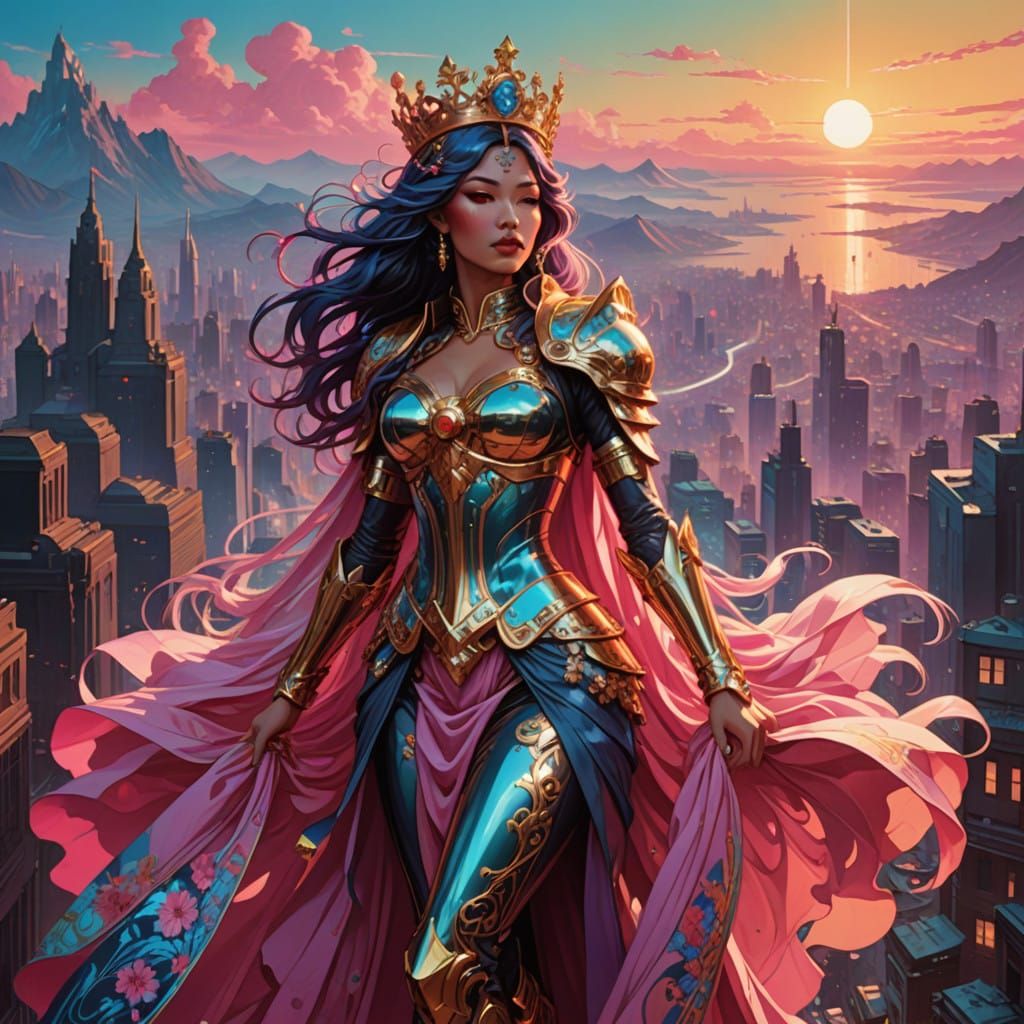 Powerful Warrior Queen in Cosmic Art Nouveau Style