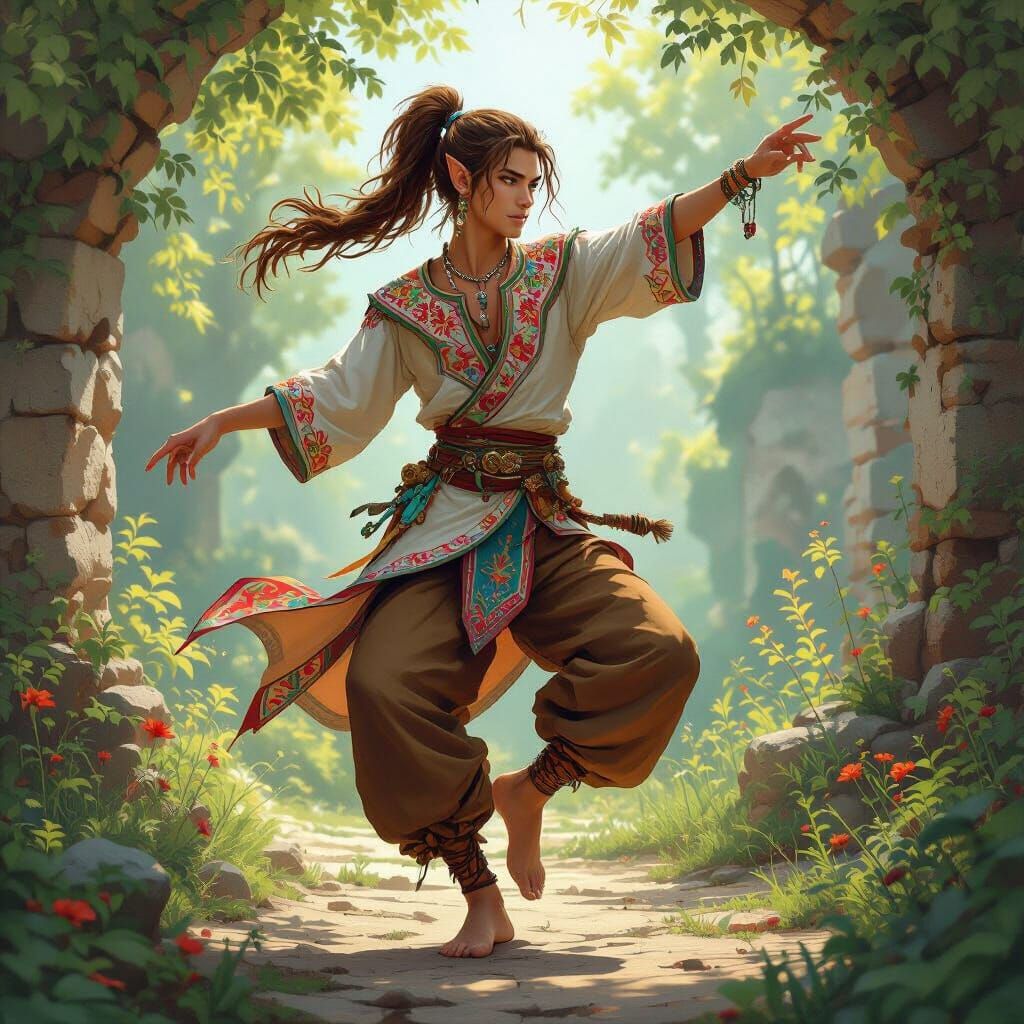 Elven Dancer in Whimsical Grove, Digital Art