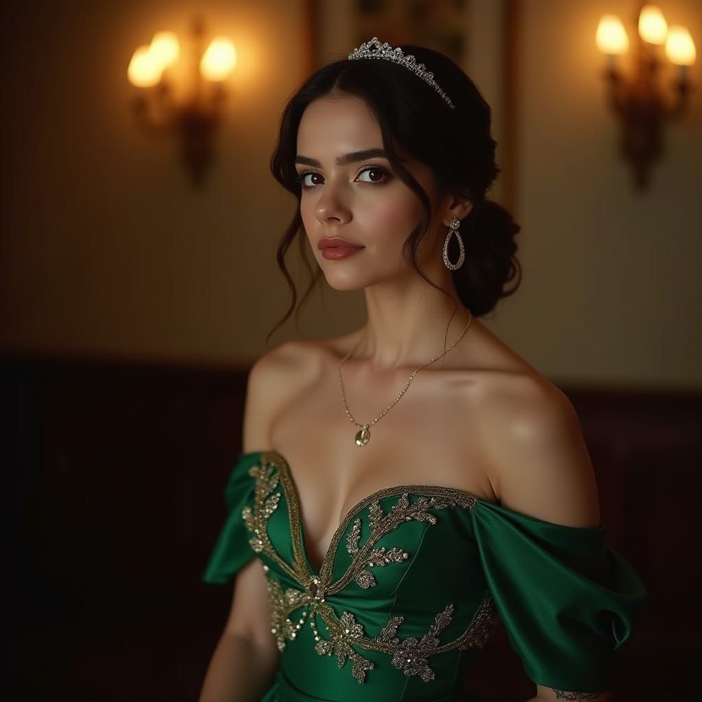Elegant Young Woman in Emerald Gown with Golden Accents
