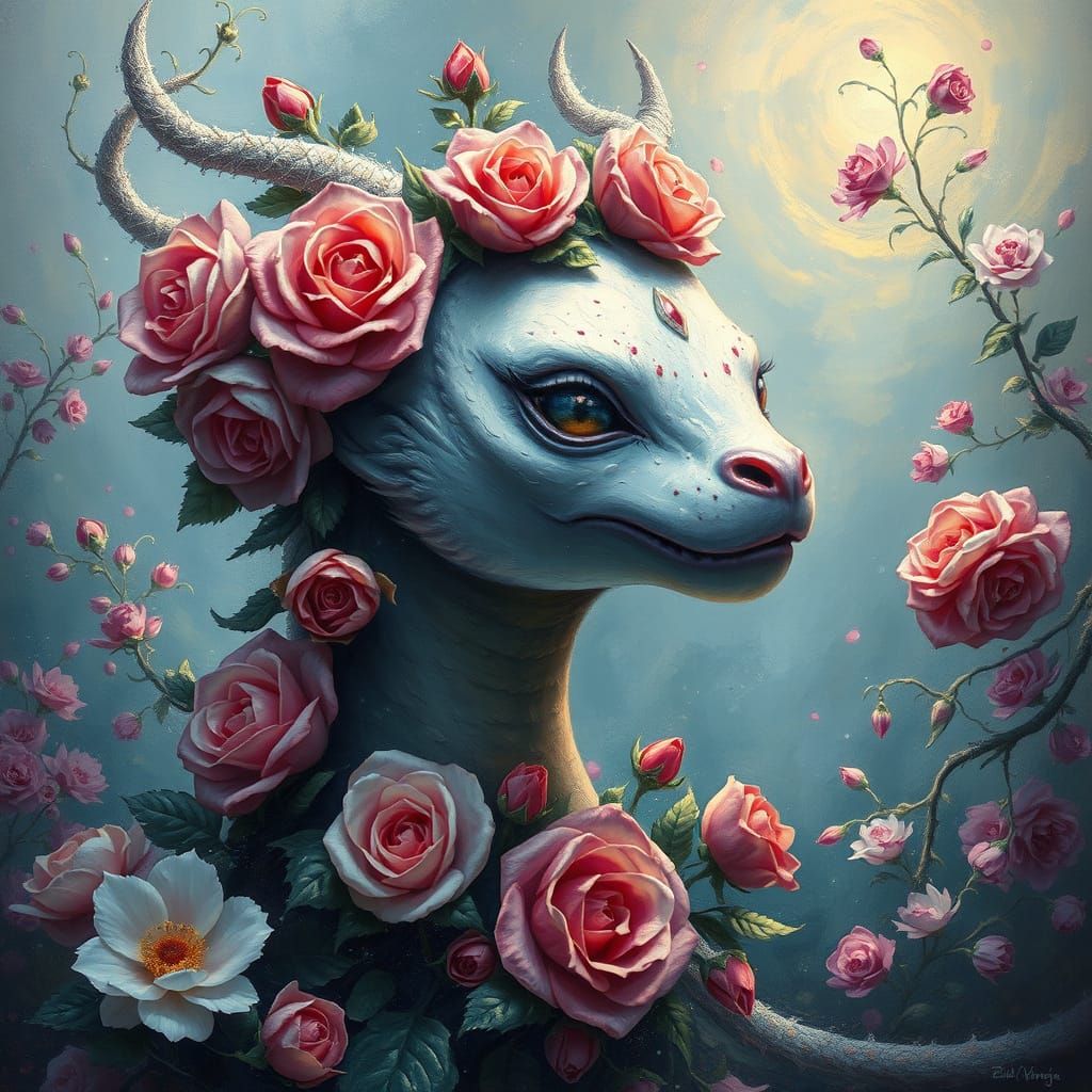 Mythical Creature Portrait with Roses in Surreal Wonderland
