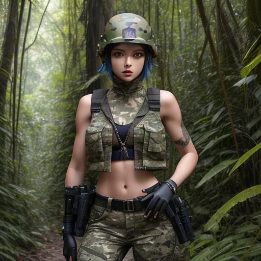 Beautiful Woman Soldier in Jungle Portrait