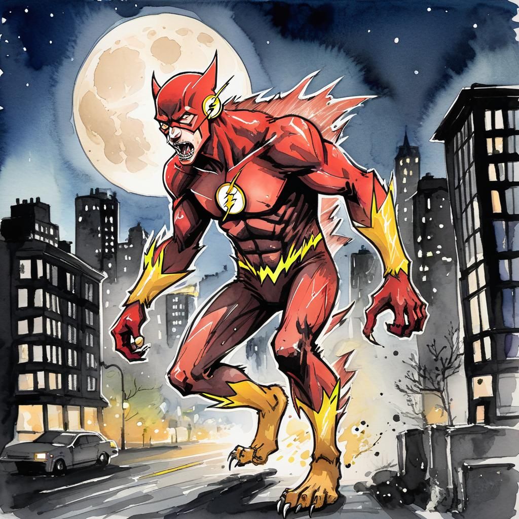 The Flash as Werewolf: Ink and Watercolor Art